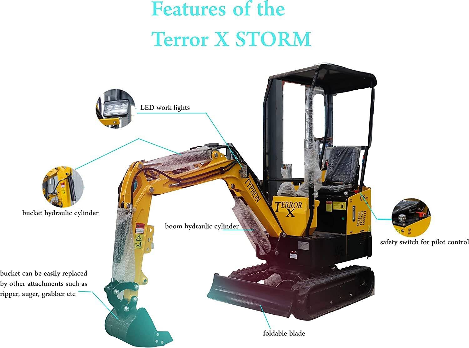 TYPHON TERROR X STORM Mini Excavator – 1 Ton Trench Digger with Canopy, Hydraulic Thumb Clip, Bucket USA - Image 3