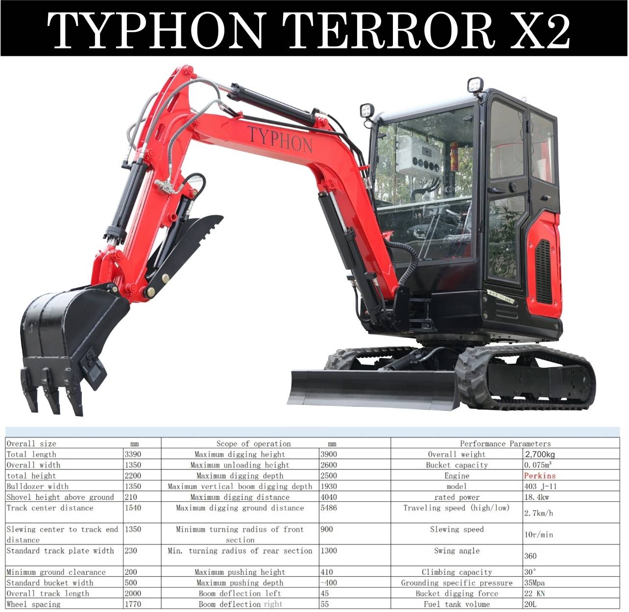 TYPHON TERROR X2 Mini Excavator 2.7 Ton EPA Diesel Perkins Engine USA - Image 2