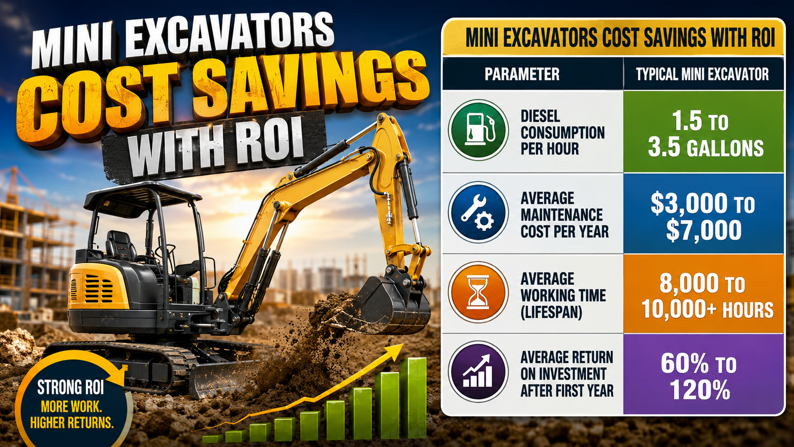 Mini Excavators Cost Savings Table